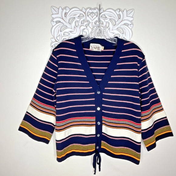 VTG VAMP by Koret size M Knit SWEATER V-Neck Button up 3/4 Sleeves Striped BLUE - Picture 16 of 16